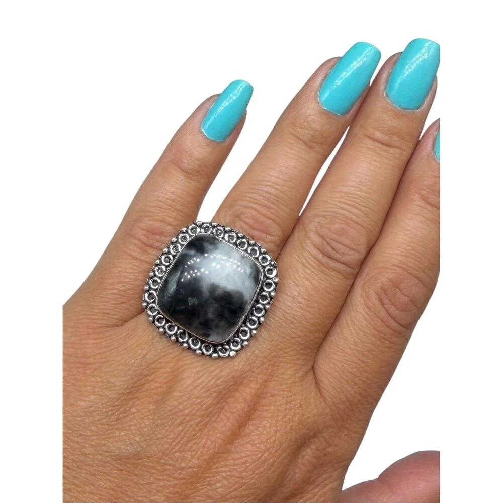 White Buffalo Turquoise Ring Size 9.5 925 Sterling Silver Overlay